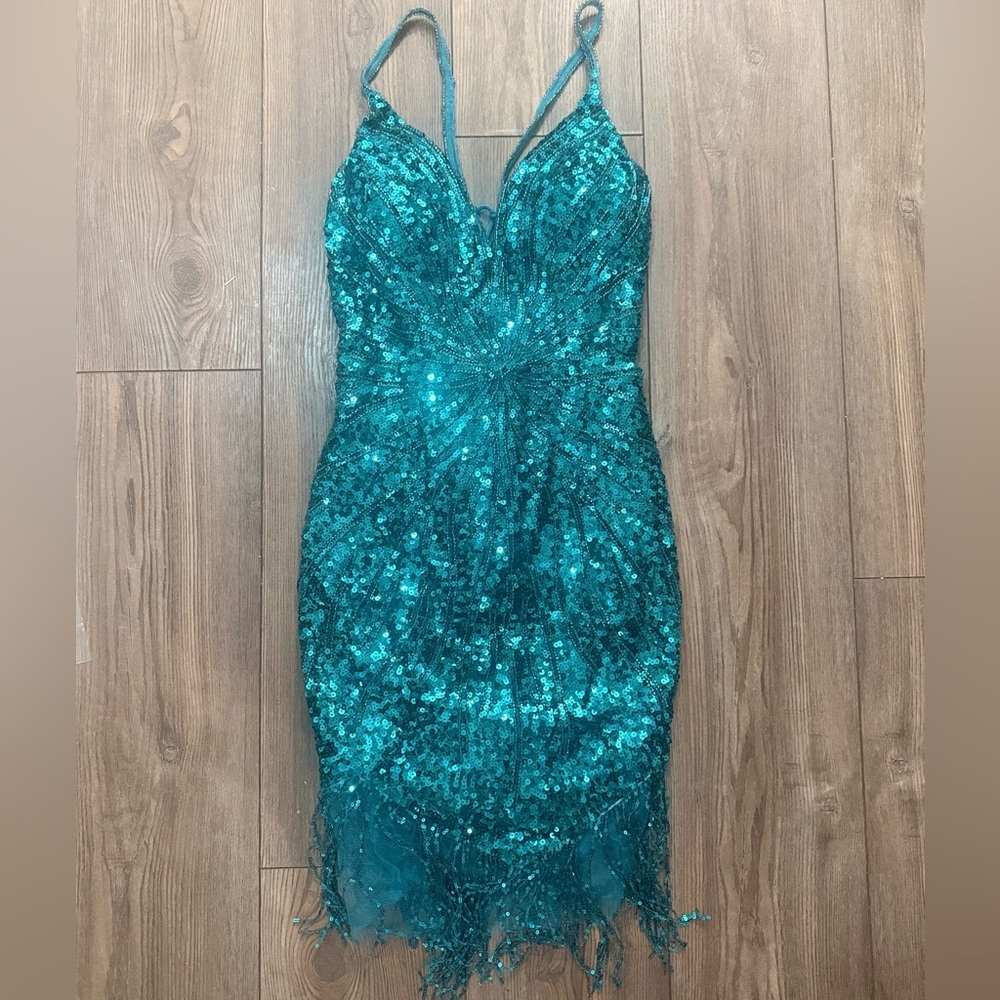 Zapaka Peacock Teal Sequin 1920s Flapper Dress Tassel Hem Lace-Up Back S